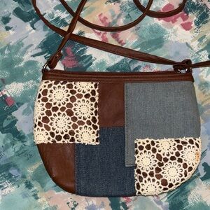 Denim lace leather Patchwork Crossbody Bag